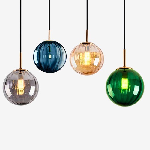 Ribbed Glass Pendant Light Ceiling Light Fitting Modern Globe Lamp Shade Kitchen - Afbeelding 1 van 30