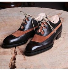 New 2 Tone Leather/ Suede Formal Brogue Handmade Lace Up Dress Shoes For Mens