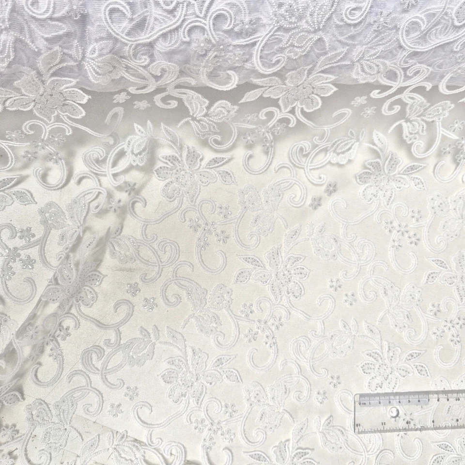 Tüllspitze Weiß Spitze Blumen Silber Glitzer Hochzeit Bekleidung Deko Stoff - Bild 3 von 4