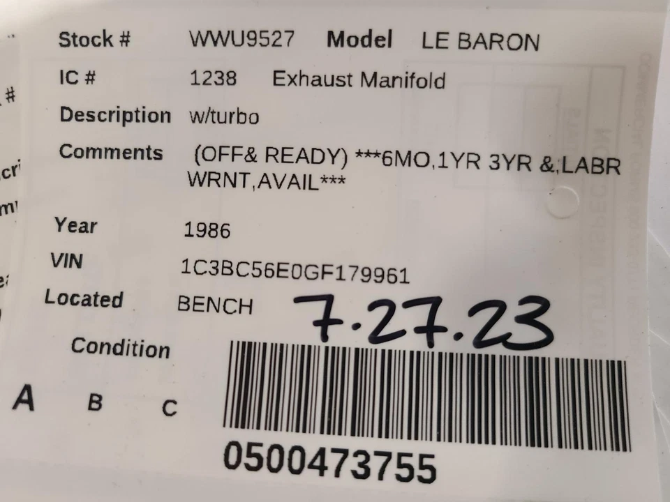 Colector de escape usado se adapta a: Chrysler Le Baron 1986 con turbo grado A Foto 3 de 4