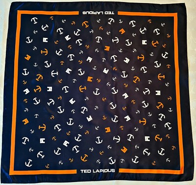 SCARF VINTAGE AUTHENTIC TED LAPIDUS NAUTICAL ART ANHOR BLUE 30'' SQUARE