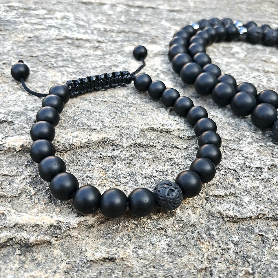 Set Halskette Armband Onyx Perlenkette Lavastein Herren Kette Gebetskette - Bild 3 von 4
