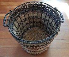 Large Metal and Wicker Basket with Decorative Metal Handles