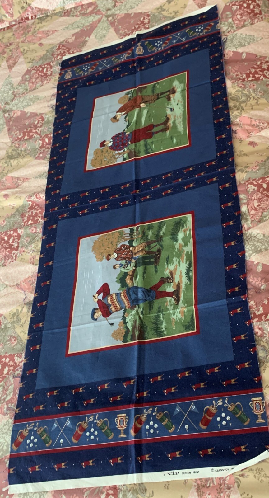 Cranston VIP Cotton Fabric Panel  Golfer Pillow Blues 15 in Duffers In Knickers