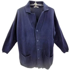 Joan Vass Blue Knit Button Up Pockets Oversized Cardigan Sweater Top