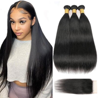 Straight Human Hair 3 Bundles with 4X4 Lace Closure Virgin Remy Hair Extension