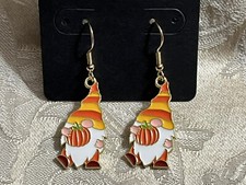Fall Pumpkin Gnome Holiday Enamel Gold Drop Dangle Adorable Earring Set