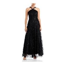 Eliza J 3D Floating Flowers Sequined Mesh Halter Gown Women's 0 Black Adjustable