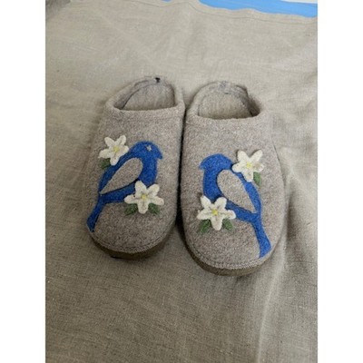 Giesswein Austria Wool Felt Slippers Blue Bird Flower Grey Clogs Mules Womens