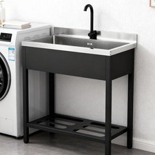 Freestanding Utility Sink, 304 Black Stainless Steel Sink with Towel Rack Black
