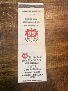 Atlas Brand Matchbook Auburn Nebraska Phillips 66 Gas Station TINY’S CAFE
