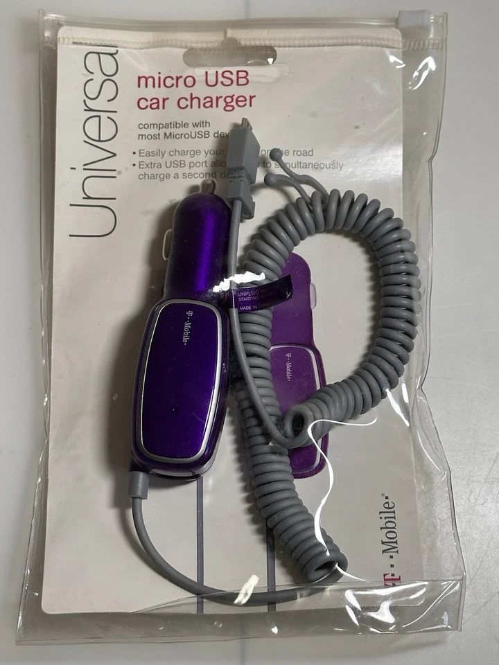 New T-mobile Fast Micro USB Universal Car Charger w/ Extra USB Port - Purple - Image 2 of 4