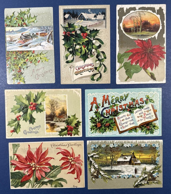 Nice 7 Christmas Antique Postcards. EMB. Gold. Train, Scenes, Sunsets, Flowers