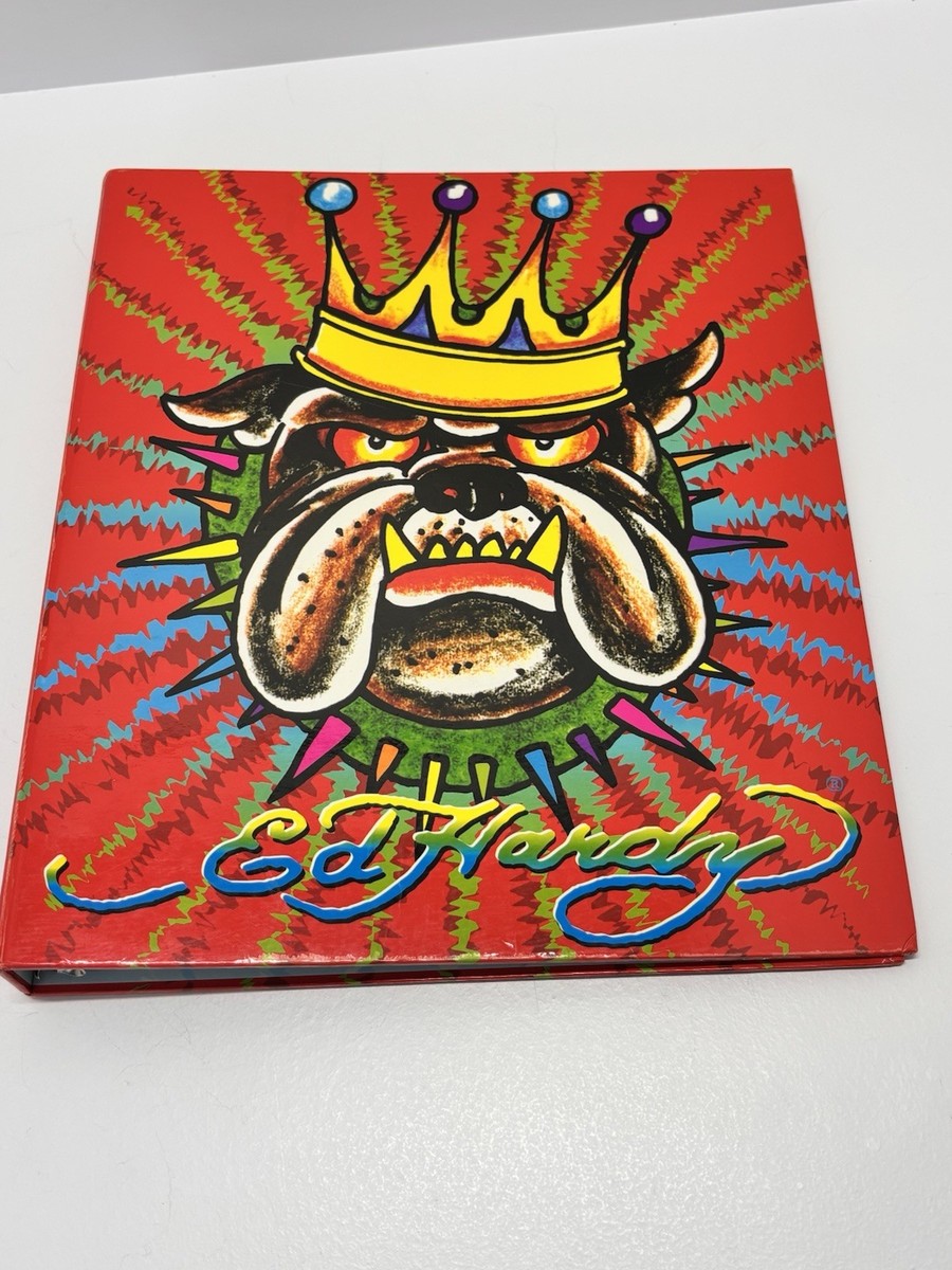 Vintage Ed Hardy Lisa Frank 1” 3-ring Binder Bull Dog W/Crown 10