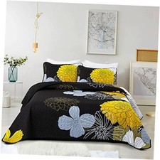 3 Pieces Yellow Floral Pattern Quilts Size Coverlet Set - Queen Yellow/Black
