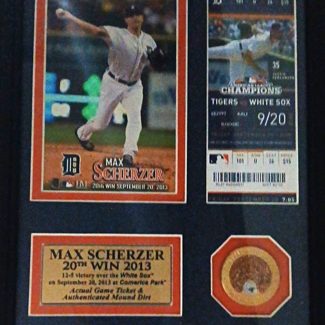 Max Scherzer Detroit Tigers 2013 20th Win Game Used Field Dirt Display