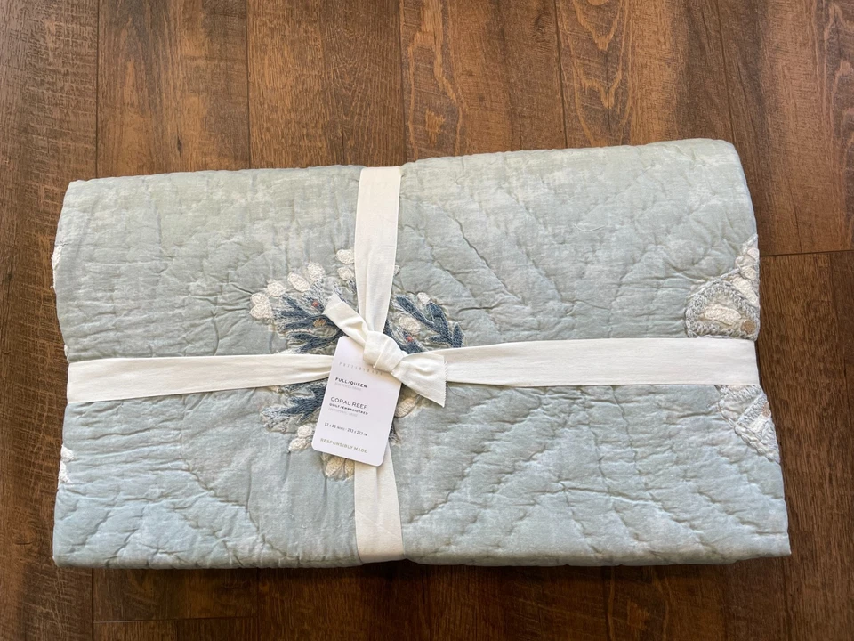 Pottery Barn Coral Reef Embroidered Quilt Full Queen Beach Blue New - Image 2 of 2