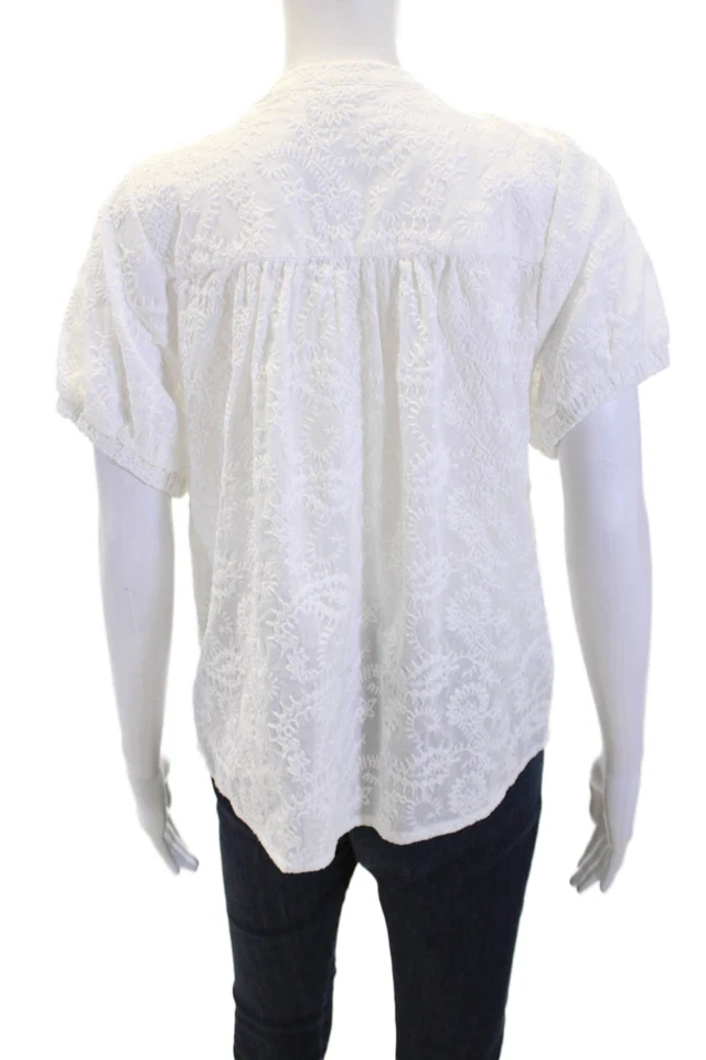 Espléndida blusa floral blanca de algodón de manga corta con cuello en V para mujer talla S Foto 3 de 4
