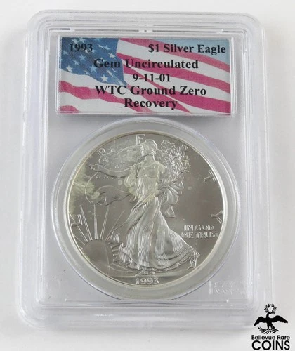 1993 USA $1 Silver Eagle Coin 9-11-01 WTC Ground Zero Recovery PCGS Gem UNC
