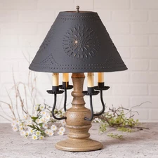 COLONIAL TABLE LAMP & PUNCHED TIN SHADE Distressed Pearwood with 3 Light Options