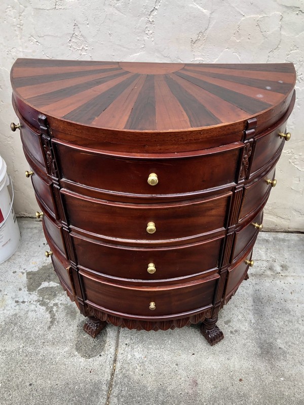 Vintage Mahogany Demilune Chest of Drawers with Sunburst Inlaid Top Carved Feet