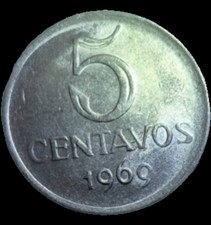 VF 1969 Brazil 5 Centavos Coin - KM# 577.2 - Stainless Steel - Republic Effigy