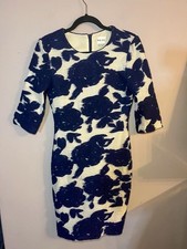 Reiss Navy & Cream Patterned Bodycon Dress – 3/4 Sleeve - Wool, Acrylic, Poly 