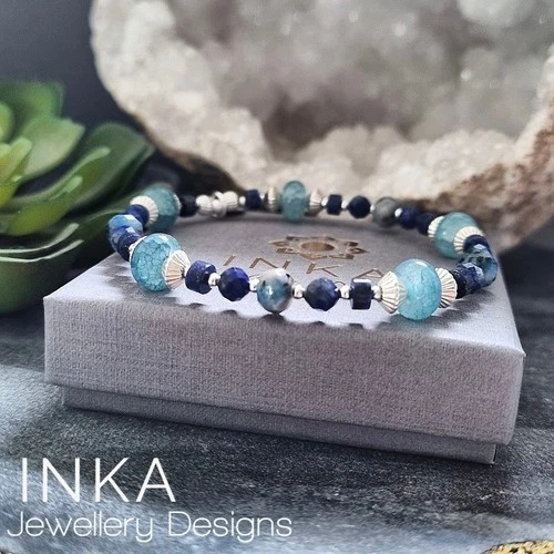 925 Sterling Silver & 4mm Lapis bead Stacking Bracelet with Jade By INKA