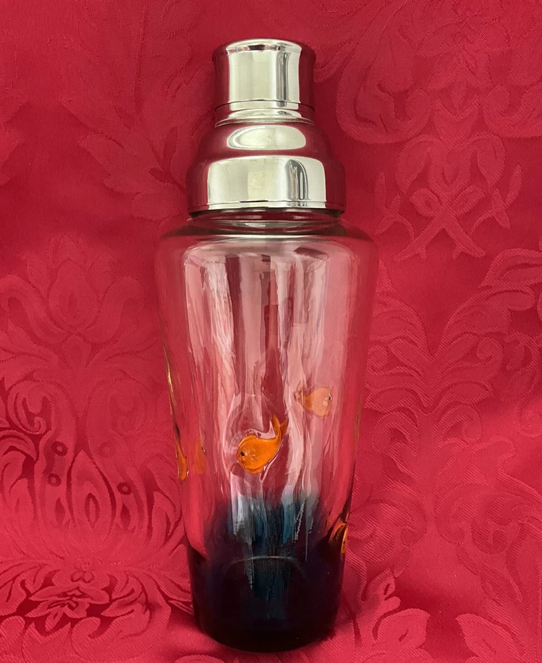 FLAWLESS Unique 5 FISH SWIMMING IN SEA Optic Fused Glass COCKTAIL MARTINI SHAKER - Image 2 of 4