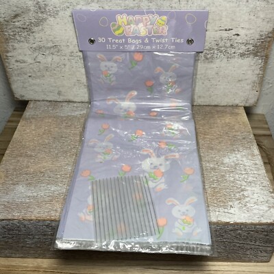 30 Counts Happy Easter Treat Bags & Twist Ties 11.5x5'' Bunny & Florals Lavender