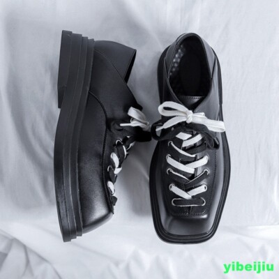 Men's Square Toe Platform Leather Dress Shoes Creeper Thick Sole Add Height 2026