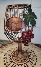 Unique "Cheers" Metal Bronze Wine Glass Shaped Cork Holder ~ Leaf & Grapes Decor