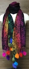 Cashmere Feel Oversized Floral Ombre Scarf Shawl 74"x26" Faux Fur Fringe Black