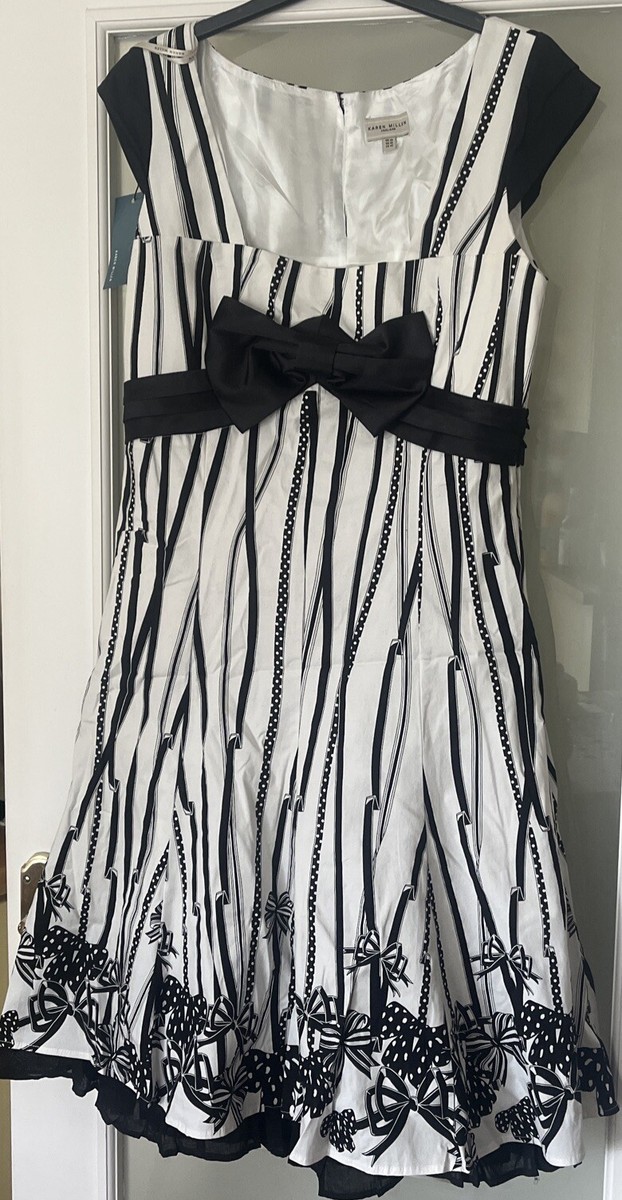 Karen Millen Womens Black White Bow Stripe Dress Size 14 UK