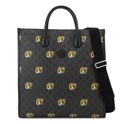 GUCCI GG Supreme Tiger Tote Shoulder Bag PVC Leather Gray Black