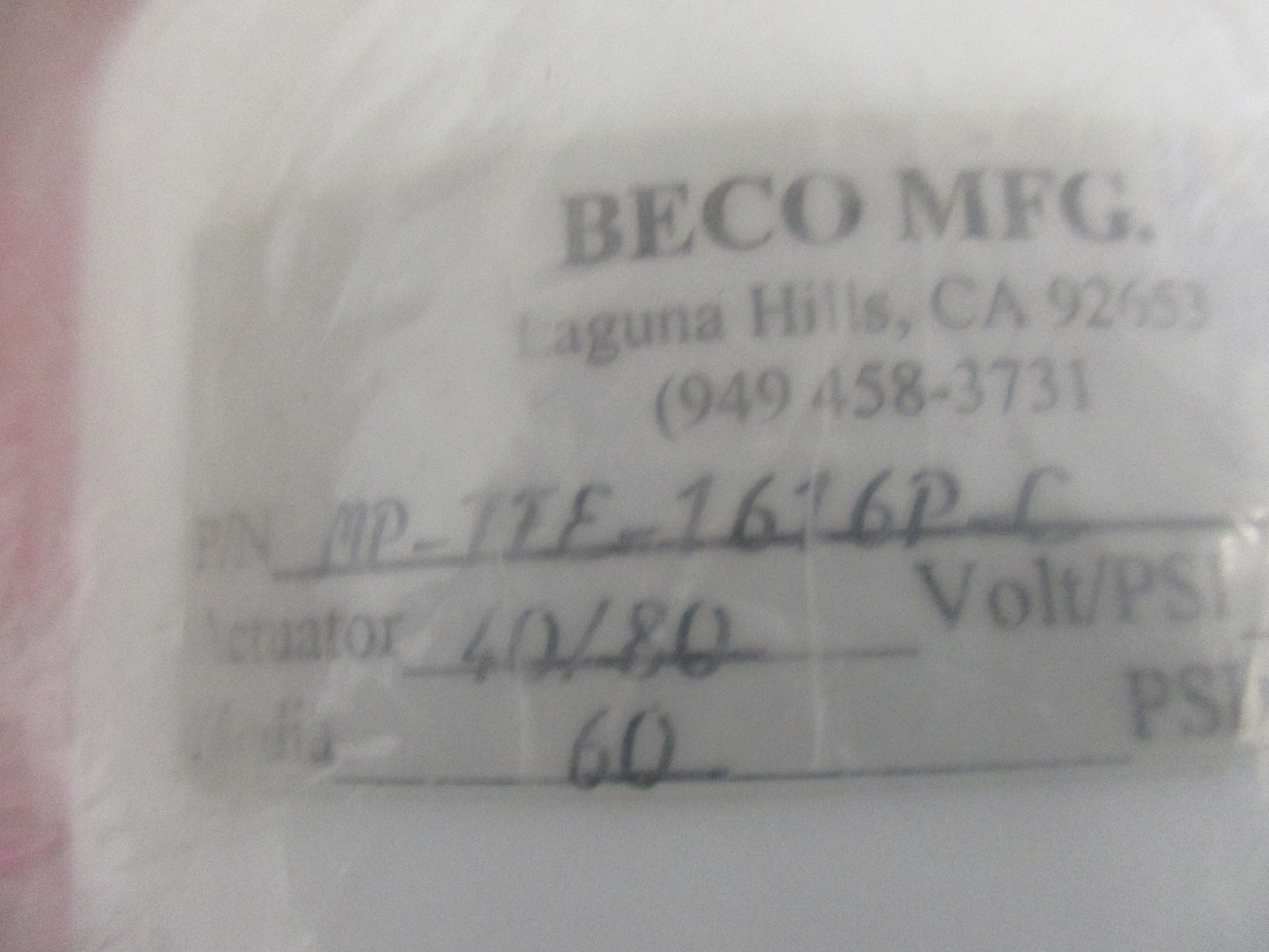Beco Mfg Model MPTFE1616PC Teflon Pnuematic Valve. New Old Stock eBay