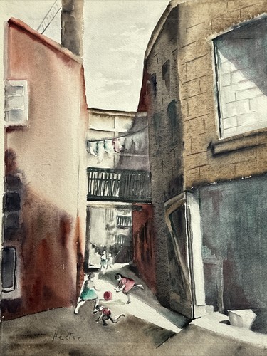 ANTIQUE REGIONALISM PAINTING URBAN KIDS AT PLAY HOMES STREET SCENE SIGNED HESTER - Picture 3 of 14