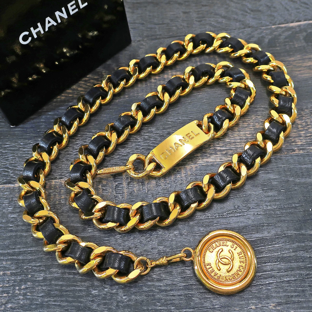 CHANEL ICONIC MASSIVE CC BELT LEATHER VINTAGE CHAIN CHARM NECKLACE LOGO 38  INCH