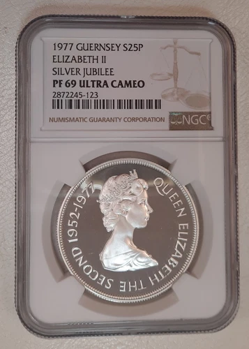 1977 GUERNSEY, SILVER JUBILEE, 25P PENCE, NGC PF 69, ULTRA CAMEO. TOP POP
