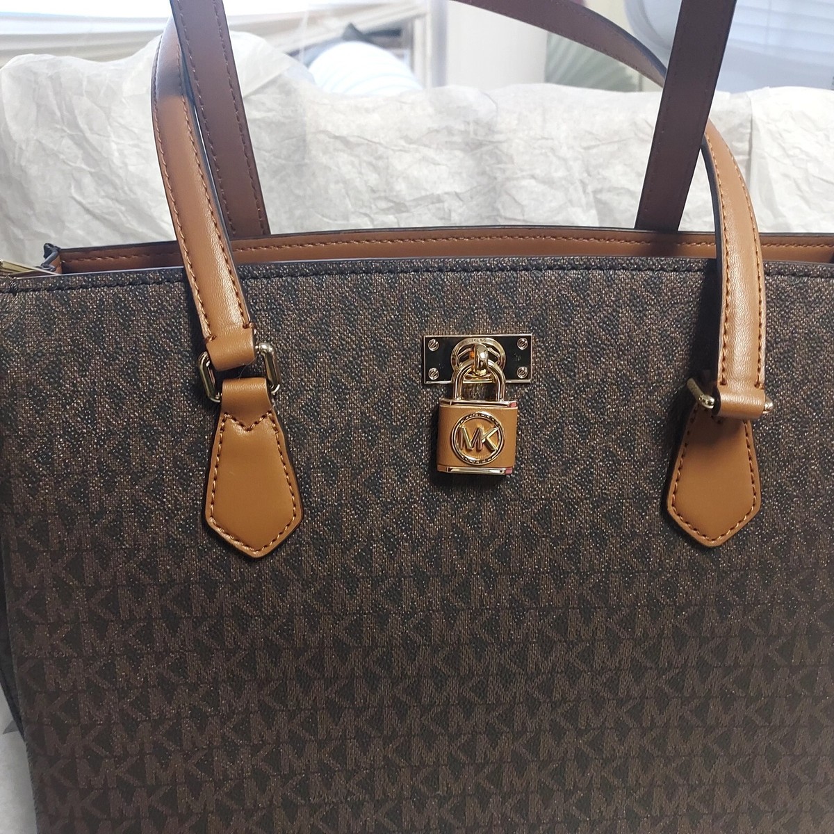 Michael Kors Ruby Large Top Zip Tote Bag Signature Leather Trim Shoulder  Brown