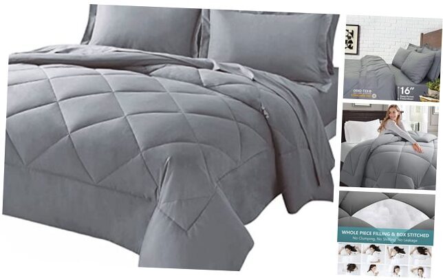 Bed in a Bag Comforter Set with Sheets - 7 Pieces, All Season Queen Light Grey