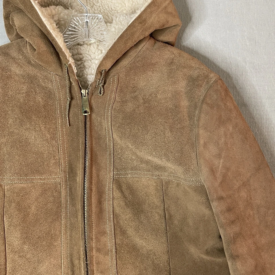 Sears The Fashion Place Sears Suede Ranch Bomber Jacket Vtg Sz 16 Hooded Sherpa - Image 3 of 4