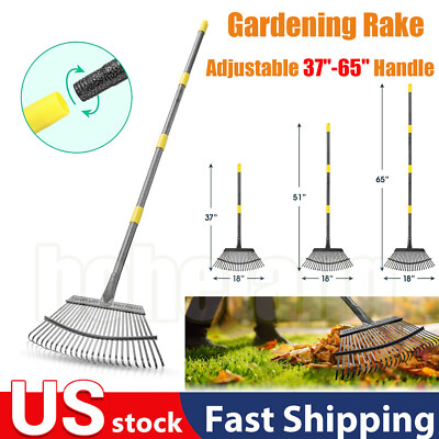 37-65'' Extendable Garden Leaf Rake Adjustable Stainless Steel Lawn Cleaning Tool