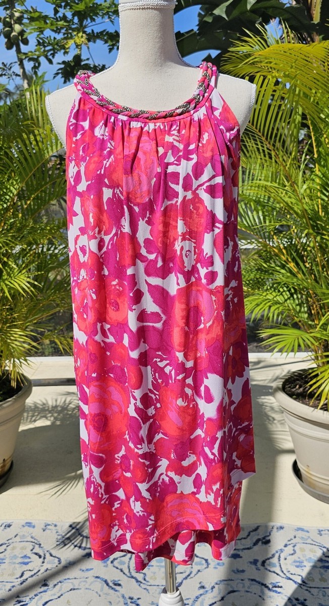 Donna Ricco Dress 8 Pink Floral Print Jeweled Neck Sleeveless Faux Wrap  Flowy | eBay