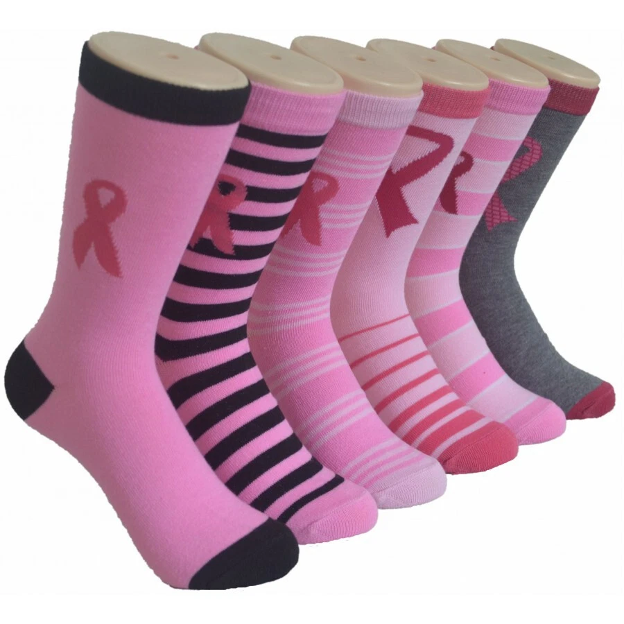 12 Pairs (1 Doz) Wholesale Lot Womens Breast Cancer Awareness Pink Ribbon Socks