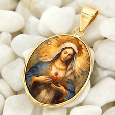 Anhänger Gelb GOLD 585 Heilige Maria Bild Herz Madonna Mutter Gottes Medaille