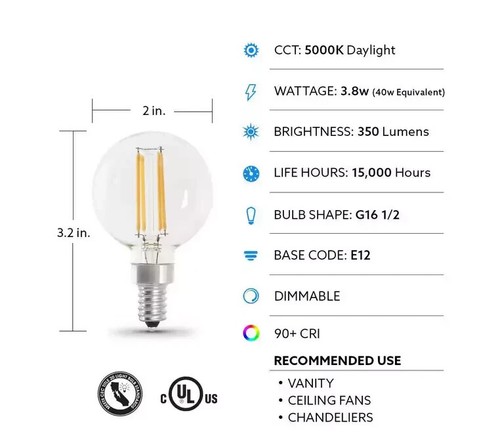Feit Electric 40-Watt Equivalent G16.5 Dimmable White Filament CEC Clear (12pk) - Picture 2 of 2