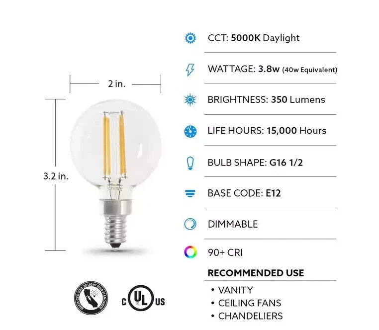 12 PCK White Feit Electric 40 Watt Equivalent G16.5 Dimmable Filament CEC Clear. - Image 2 of 2