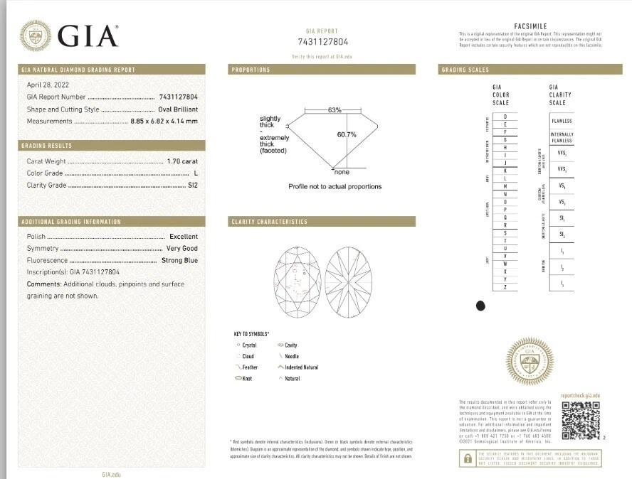 GIA Certificate 1.70ct Oval Shape Cut L Color SI2+ Clarity Natural Loose Diamond - Image 2 of 2