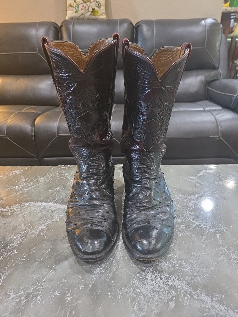 LUCCHESE BLACK CHERRY OSTRICH QUILL COWBOY BOOTS MENS 1/2 D VINTAGE